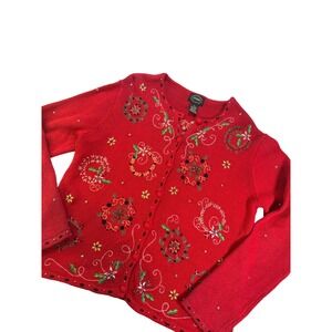 Designers Studio Originals Cardigan Women M Red Holiday Embroidered Beaded Holly